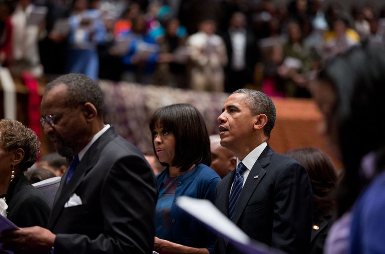 President Barack Obama and First Lady Michelle Obama attend a church service at Metropolitan African Methodist Episcopal Church in Washington, D.C. Photo credit: Pete Souza  (Wikimedia Commons license)